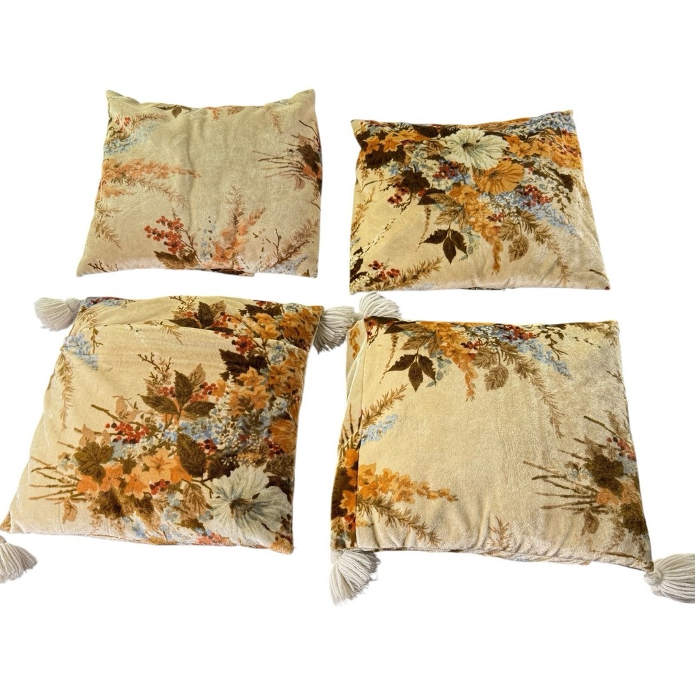 Vintage 1978 Warner Fabric Corp Floral Velvet Tassel Throw Pillows Set of 4